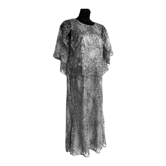 Midnight Velvet Sequin Floral Formal Gray Evening Gown Black Tie Maxi Maxi Dress - Picture 4 of 16